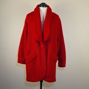 Vintage Red Mohair Sweater Coat / Oversized Shawl Collar Cardigan Jacket
